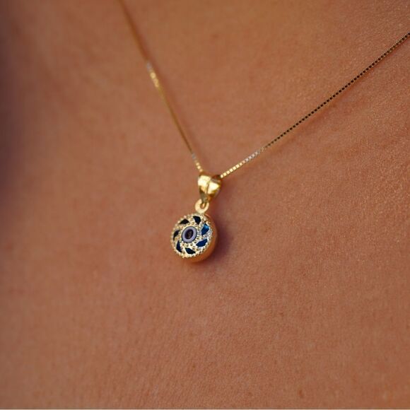 14k Real Yellow Gold Evil Eye Circle Pendant | evil eye charm | birthday gift | - Picture 5 of 8